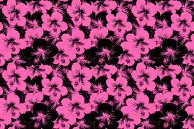 Tarzsız çiçek motifleri, çiçekler, delikler, noktalar, karalamalar. Hibiscus çiçekleri siyah ve pembe renklerde. El çizimi. Kusursuz çiçek arkaplanı.