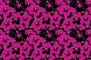 Hibiscus çiçek deseni. Çiçeksiz desenli amber çiçekleri, suluboya el çizim stili. Davetiye, düğün veya tebrik kartları, tekstil, baskı veya kumaş için siyah ve mor renkler tasarla