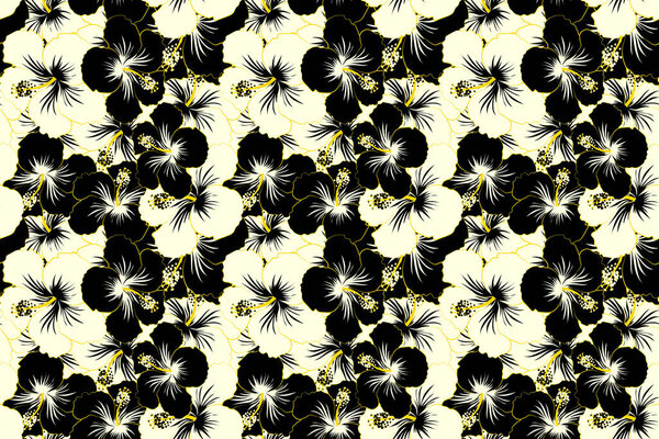 Various beige and black hibiscus hawaiian tropical flowers. Floral.