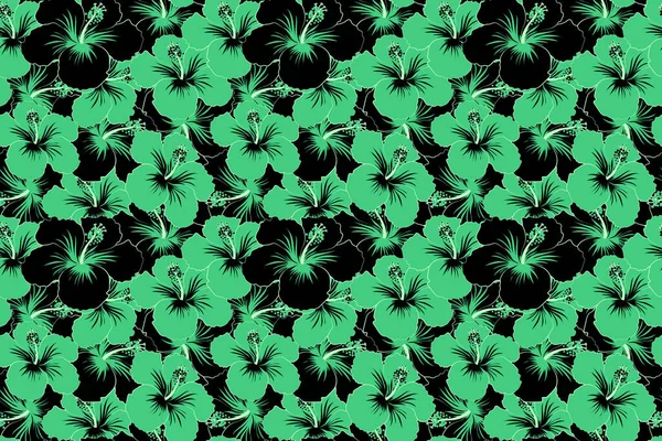 Design Tropical Sem Costura Com Hibisco Cores Preto Verde Flores — Fotografia de Stock