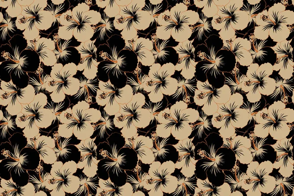 Adorno Beige Negro Flores Simples Hibisco Patrón Abstracto Sin Costura —  Fotos de Stock