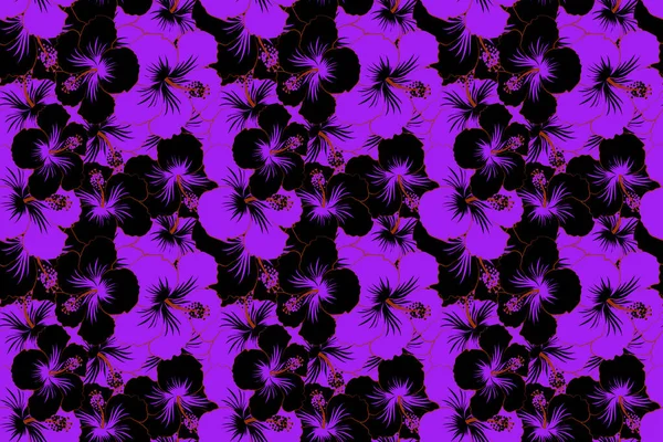 Patrón Inconsútil Flores Tropicales Hibisco Colores Negro Violeta Con Efecto — Foto de Stock