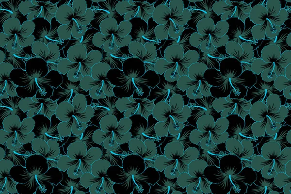 Sömlös Tropisk Design Med Hibiskus Svarta Och Gröna Färger Exotiska — Stockfoto