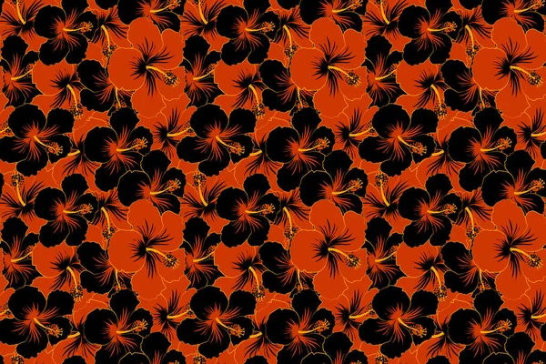 Motif Tropical Sans Couture Avec Nombreuses Fleurs Hibiscus Noir Orange — Photo