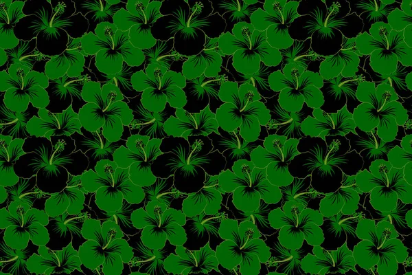 Egzotyczny Bezszwowy Wzór Wzór Kwiatowy Czarne Zielone Hibiskus Płynne Tło — Zdjęcie stockowe