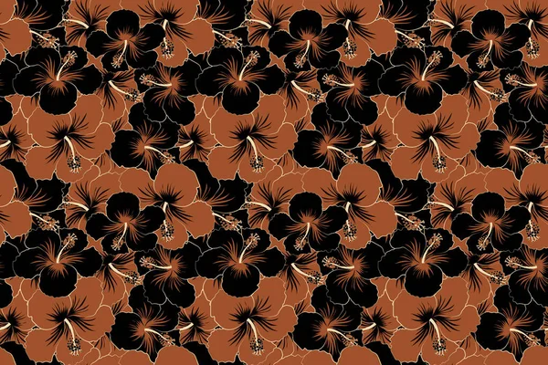 Seamless pattern of stylized floral motif, flowers, hole, spots, doodles. Hibiscus flowers in black and brown colors. Hand drawn. Seamless floral background.