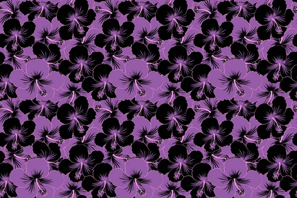Tropical Flowers Hibiscus Leaves Hibiscus Buds Seamless Floral Pattern Black — Stock Photo, Image