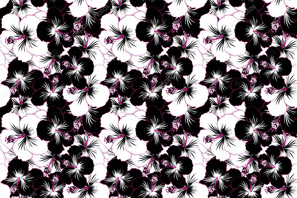 Creative universal floral pattern in black and white colors. Hand Drawn tropical style texture. Ideal for web, card, poster, fabric or textile. Seamless pattern of hibiscus flowers.