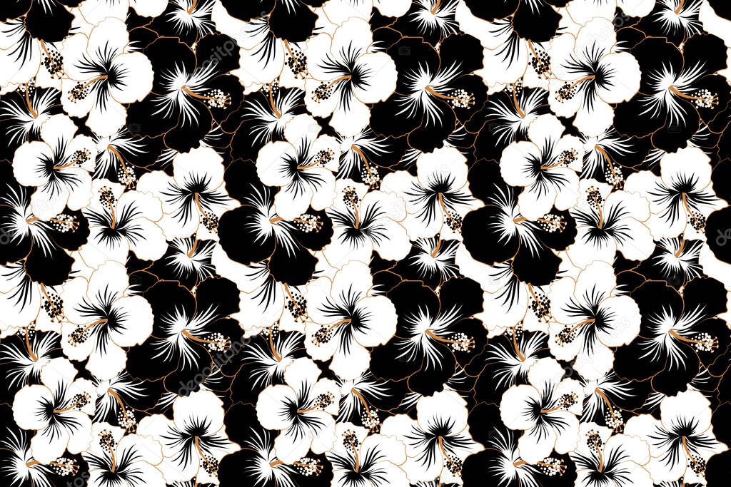 Hibiscus flowers in black and white colors.