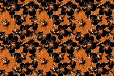 Hibiscus çiçekleri ve tomurcukları retro pürüzsüz desen çizimleri siyah ve kahverengi renklerle.