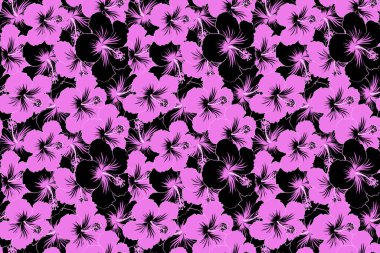Hibiscus çiçekleri siyah ve pembe renklerde. Suluboya boya efekti, siyah ve pembe amber çiçekleri, yaprak izole çiçek. El çizimi çizim.