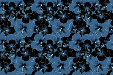 Tarzsız çiçek motifleri, çiçekler, delikler, noktalar, karalamalar. Hibiscus çiçekleri siyah ve mavi renklerde. El çizimi. Kusursuz çiçek arkaplanı.