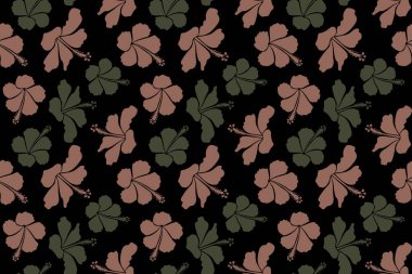 Hibiscus çiçekleri ve tomurcukları siyah arkaplanda kahverengi ve yeşil renkli retro pürüzsüz desenler çizer.