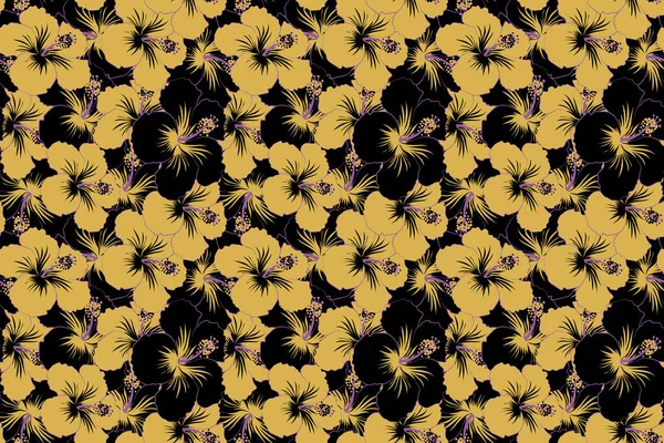 Ilustración Flores Hibisco Negro Amarillo Patrón Sin Costuras Con Flores —  Fotos de Stock