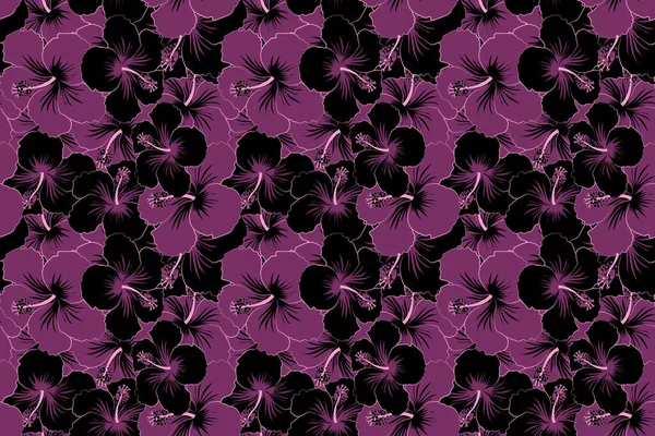 Trendy Seamless Flower Pattern Цветки Гибискуса Черные Фиолетовые — стоковое фото