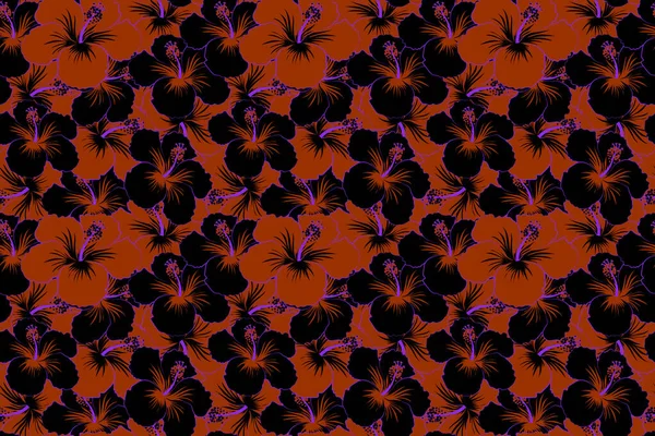 Seamless Exotic Pattern Black Brown Tropical Flowers Blooming Jungle Hibiscus — Stock Photo, Image