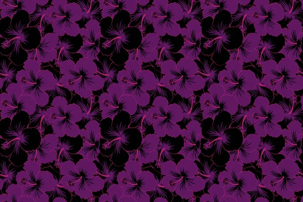 Bright Hawaiian Seamless Pattern Black Violet Tropical Hibiscus Flowers — Stock Photo, Image