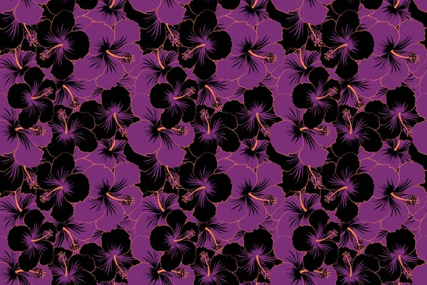Ίβισκος Λουλούδια Και Μπουμπούκια Ρετρό Απρόσκοπτη Απεικόνιση Μοτίβο Μαύρο Και — Φωτογραφία Αρχείου
