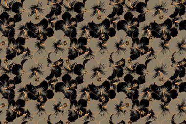 Bej ve siyah amberçiçeği çiçekli tropikal, pürüzsüz desen. Çiçeksiz desen.