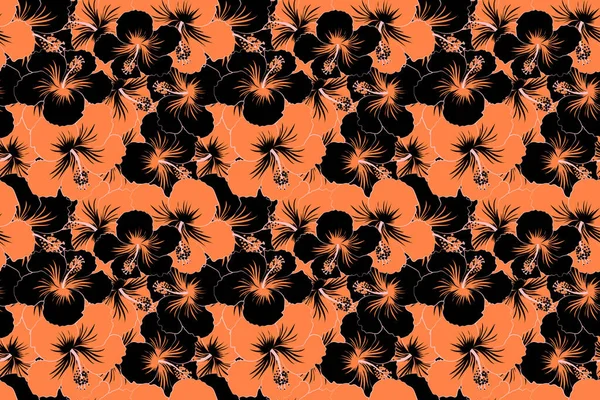 Seamless pattern of stylized floral motif, flowers, hole, spots, doodles. Hibiscus flowers in black and orange colors. Hand drawn. Seamless floral background.