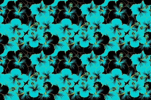 Tropikal yapraklar ve siyah ve mavi çiçekler pürüzsüz desen. Elle boyanmış resimler siyah ve mavi renklerde..