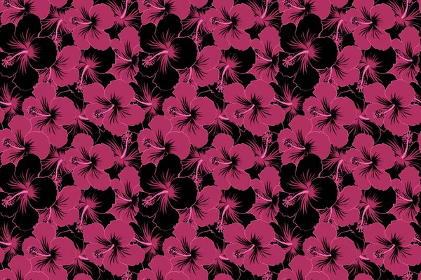 Nahtloses Muster Aus Tropischen Blumen Hibiskus Dichtem Dschungel Handbemalt Muster — Stockfoto