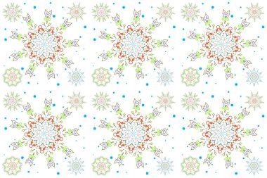 Beyaz zemin üzerinde soyut yeşil ve turuncu kar taneleri kümesi.