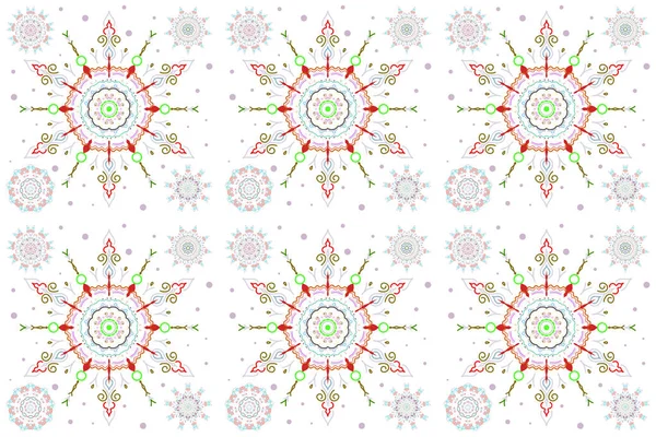 Snowflakes set. Sketch with green and red snowflakes on white background.