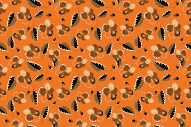 Motley pürüzsüz desen. Turuncu, kahverengi ve bej çiçekli şirin desen. Bahar çiçeği arkaplanı. Küçük renkli çiçekler. Moda baskıları için zarif bir şablon.