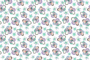 Hibiscus çiçekleri mavi ve bej renklerde beyaz bir arkaplanda kusursuz desen oluşturur..