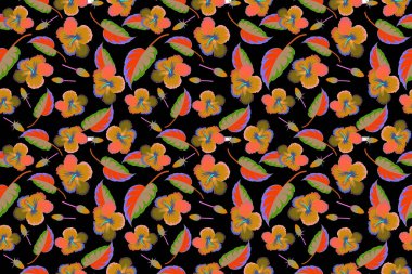 Turuncu ve sarı renklerde siyah arka planda tropikal amber çiçekleri bulunan parlak Hawaii deseni..