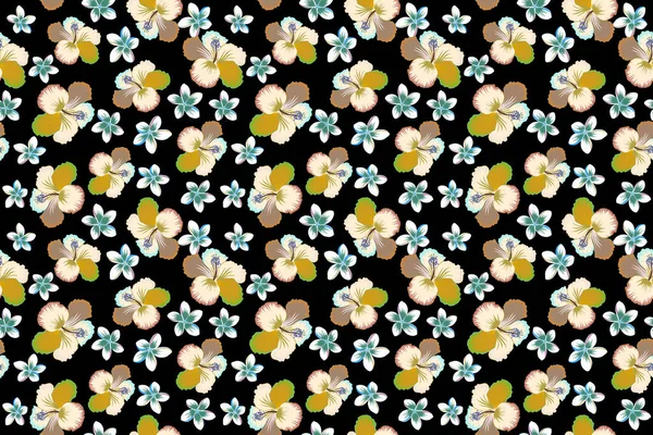 Vintage Seamless Tropical Hibiscus Flowers Pattern Black Background Beige White — Stock Photo, Image