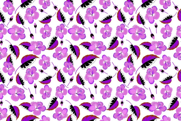 Pattern for summer fashion, interior, wallpaper. Seamless tropical design with hibiscus on a white background in black and violet colors. Exotic flowers in allover composition.