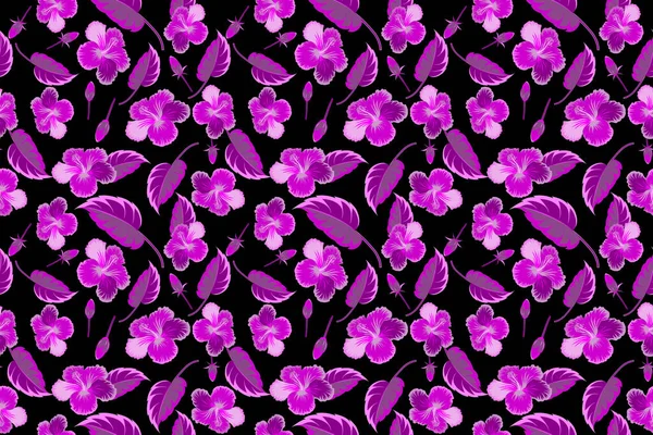 Bright Hawaiian Design Tropical Plants Hibiscus Flowers Purple Magenta Colors — Stock Photo, Image