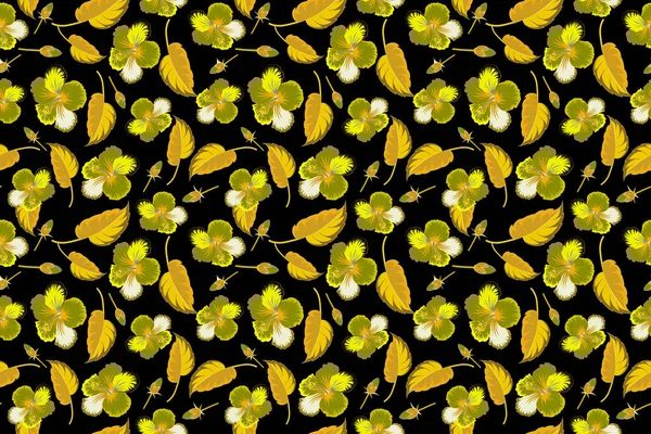 Hibiscus Flowers Buds Retro Seamless Pattern Illustration Yellow Green Colors — Stock Photo, Image