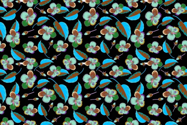 Hibiscus Flowers Buds Retro Seamless Pattern Illustration Blue Brown Colors — Stock Photo, Image