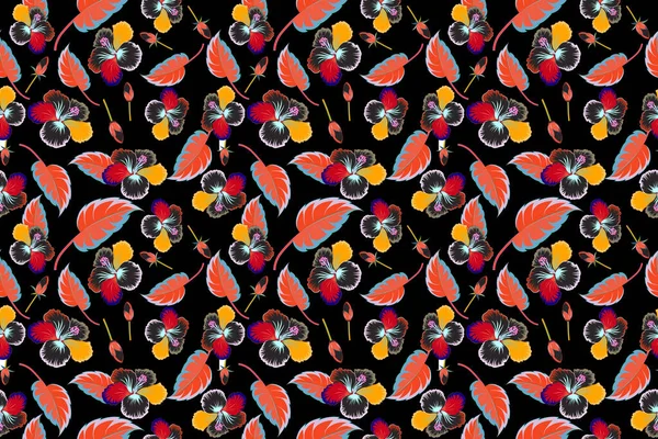 Illustration Gris Orange Sur Fond Noir Fleur Tropicale Motif Hibiscus — Photo