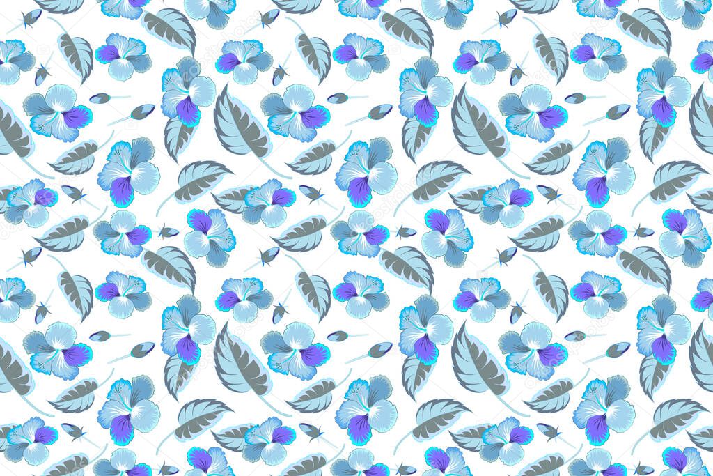 Hibiscus flower seamless pattern in violet and blue colors on a white background.