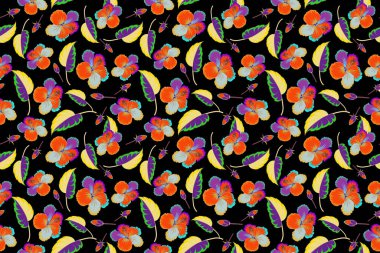 Siyah zemin üzerinde turuncu ve sarı renklerde amber çiçeği olan kusursuz tropikal tasarım. Kompozisyonda egzotik çiçekler. Yaz modası, iç mekan, duvar kağıdı deseni.