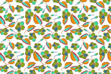 Mavi ve yeşil renklerde yaratıcı evrensel çiçek deseni. Beyaz bir çiçekte kusursuz bir amber çiçeği deseni. El çizimi tropik stil dokusu. Web, kart, poster, kumaş veya tekstil için ideal.