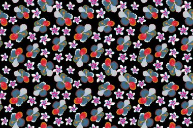 El boyaması. Tropik yaz motifli mavi ve beyaz renkli desenler doku, ambalaj kağıdı ve tekstil tasarımı olarak kullanılabilir. Tropikal amber çiçeklerinin kusursuz deseni, sık orman.