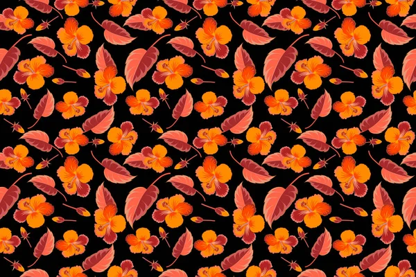 黒を背景に赤や橙色をした様々なハイビスカスのハワイの熱帯の花々 花のシームレスなパターン — ストック写真