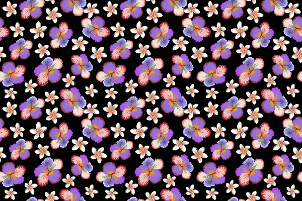 Hibiscus Colores Violeta Blanco Sobre Fondo Negro Patrón Sin Costuras — Foto de Stock