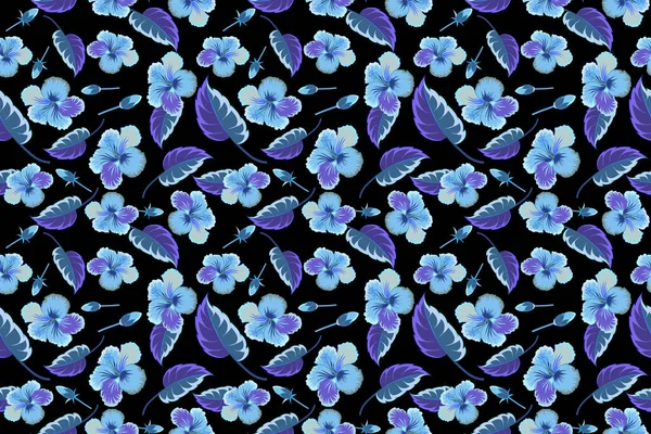 Bright Hawaiian Seamless Pattern Tropical Hibiscus Flowers Black Background Violet — Stock Photo, Image