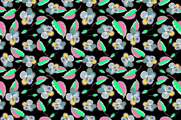 Hibiscus Květ Bezešvé Vzor Zelené Modré Barvy Černém Pozadí — Stock fotografie