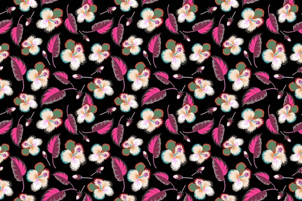 Seamless Tropical Flowers Pink Purple Colors Hibiscus Pattern Black Background — Stock Photo, Image