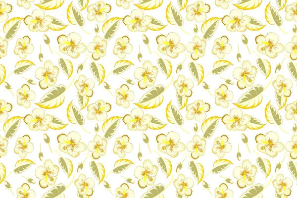 Hibiskusblüten Mit Nahtlosem Muster Auf Weißem Hintergrund Beige Und Gelb — Stockfoto