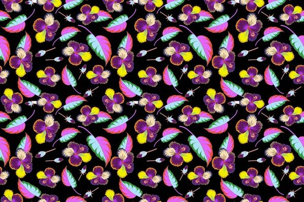 Яскравий Гавайський Дизайн Тропічними Рослинами Квітами Гібіскусу Фіолетовому Фіолетовому Кольорах — стокове фото