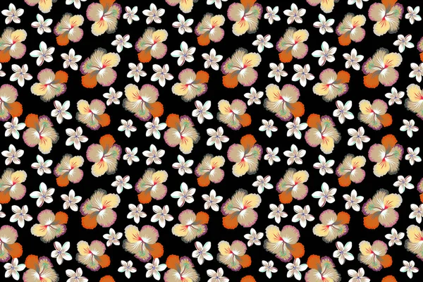 Tropical floral seamless pattern with hibiscus flowers in beige and white colors. Floral on a black background.