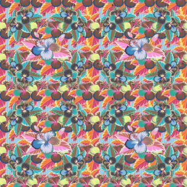 Motley pürüzsüz desen. Hibiscus çiçeği arka planı. Güzel kahverengi, pembe ve mavi çiçekli..